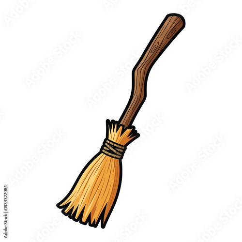 A traditional broom with a wooden handle and yellow bristles is depicted from a straightforward angle.