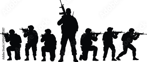 Military soldier silhouettes standing and kneeling with assault rifles in tactical gear for army infantry defense security team warfare mission concept on white background.