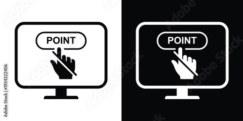 Computer screen icon with a hand clicking a "POINT" button. Bold vector illustration representing software selection, interactive touchpoints, and digital instructions.