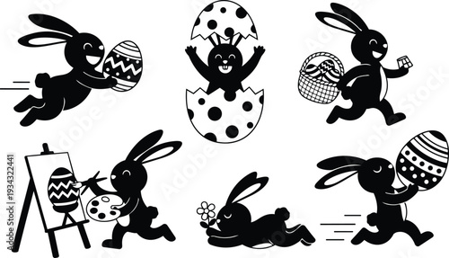 Playful silhouette easter bunnies painting and carrying decorated eggs running and jumping in studio style close up action looking at camera vector illustration