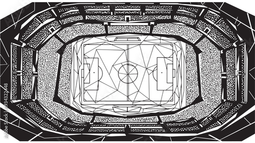 Empty soccer stadium aerial view in black and white sketchy illustration for sports editorial