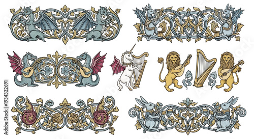 Medieval Bestiary Animal Borders and Gothic Manuscript Vector Marginalia