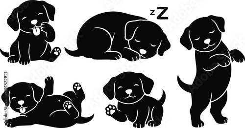 Playful silhouette puppies in varied poses close up sleeping sitting waving paw licking tongue playful cartoon style black and white vector illustration front view small paws