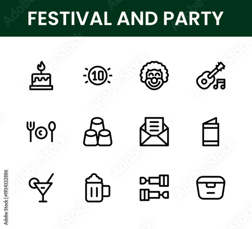 Festival and Party icon set. Festival and Party modern minimal outline icon collection featuring celebration decoration music fireworks gifts and joyful event entertainment concepts.
