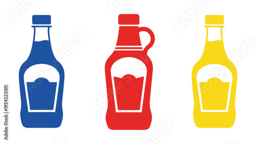 Three distinct condiment bottles in primary colors