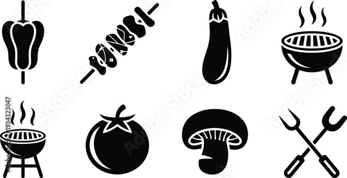 Barbecue and vegetable silhouette icon set, black and white grill skewer pepper tomato mushroom BBQ symbols collection