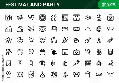 Festival and Party icon set. Festival and Party clean outline icon set designed for holiday celebration fireworks confetti invitation and joyful gathering concepts.