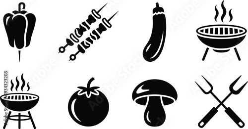 BBQ and vegetable icon set, black and white grill skewer pepper tomato mushroom barbecue silhouettes collection