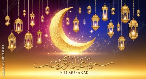 Eid musarak celebration with crescent moon and lanterns