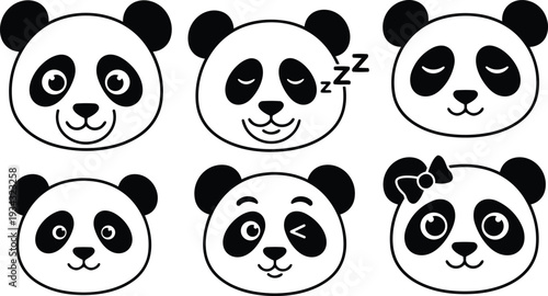 Cute cartoon panda faces icon set six expressions close up front view winking sleeping smiling surprised with bow simple black and white line art minimal outline