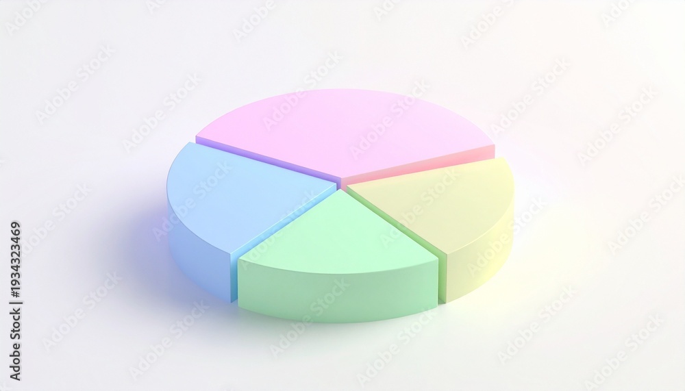 Obraz premium 3D pastel pie chart with four segments in pink, green, and blue, soft gradient background, modern clean data visualization.