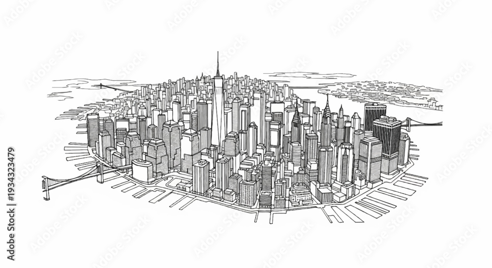Fototapeta premium Sketch of a dense urban skyline with numerous skyscrapers by the water