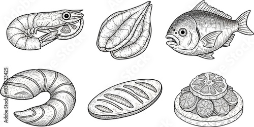 Six monochrome sketches of seafood and bread items
