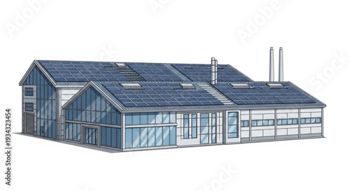 Modern Industrial Building with Solar Panels and Glass Facade.