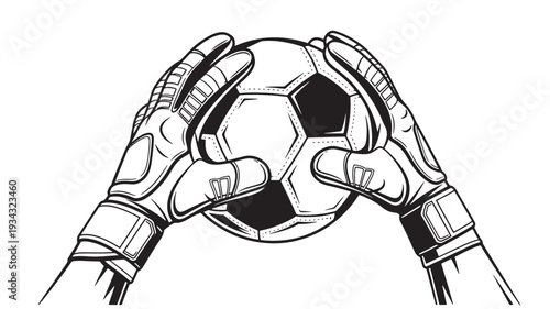 Goalkeeper hands holding soccer ball in black and white illustration for sports branding