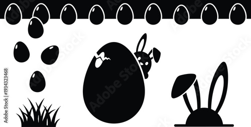 Silhouette vector peeking bunny inside cracked egg looking at viewer with hanging egg border grass icons isolated on white background easter spring celebration minimal bold design