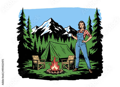 Vintage mountain camping artwork. Outdoor adventure retro illustration. Woman with mug by campfire. Tent and pine trees scene. Great for apparel print