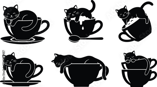 Cute silhouette cat illustrations sleeping and playing in teacups set with close up side view playful poses black and white minimal vector style cozy mood adorable