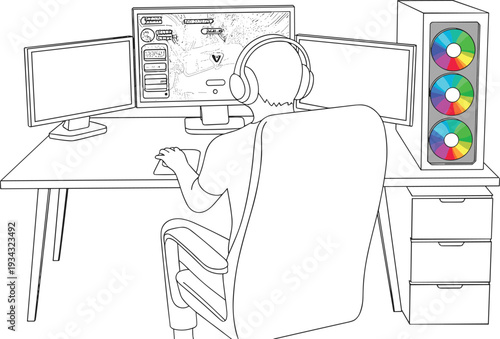 Black and white line drawing of gamer at triple monitor PC setup, RGB desktop gaming computer