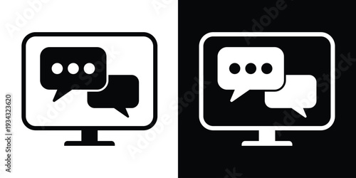 Computer screen with speech bubbles and chat icons. Vector set of black and white communication symbols for online support, messaging, live chat, and customer service.