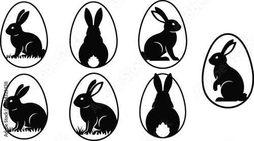 Silhouette rabbit icons in egg frames set of eight varied poses side view rear view sitting and looking at camera black vector style isolated sticker collection