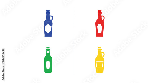 Colorful bottles with unique shapes and caps displayed in a grid pattern
