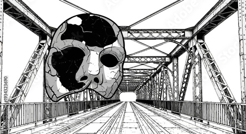 Spooky mask looms over a monochrome steel truss railway bridge
