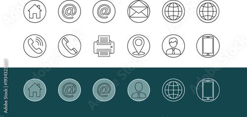 Minimalist Linear Contact and Web Interface Icon Set Featuring Home, Email, Global Web, Telephone, Printer, Location Pin, User Profile, and Smartphone Symbols