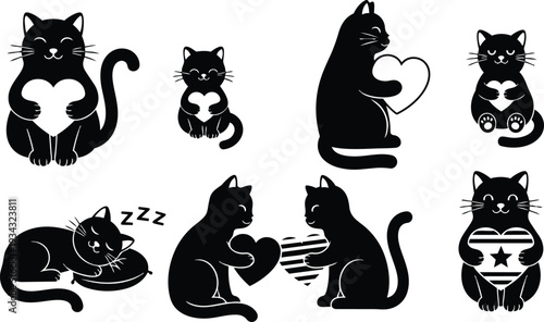 Silhouette close up set of seven black cat icons holding hearts various poses sleeping sitting facing each other cute valentine themed simple flat design minimal vector