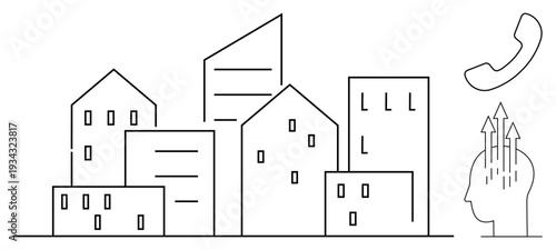 Urban development. Urban skyline with office and residential buildings exemplifies growth and innovation. Urban growth portrayed through abstract human head with arrows and phone symbol. Ideal