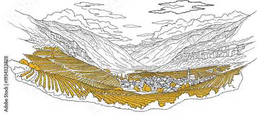 Stylized illustration of a village nestled between golden terraced hills and mountains