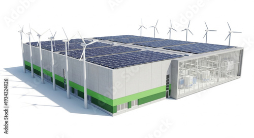 Modern Industrial Building with Solar Panels and Wind Turbines.