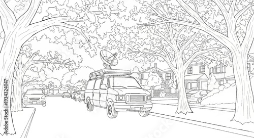 Van with satellite dish on street lined with trees and houses