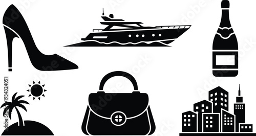 Minimal black icons set high heel yacht champagne bottle palm tree designer bag city skyline isolated on white background simple flat silhouette clean modern luxury composition