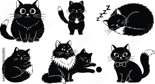 Vector black cat silhouettes set close up sitting sleeping playing grooming curled kittens and adult longhair cat with bow tie and ball isolated on white background