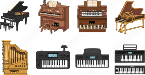 Collection of keyboard musical instruments, grand piano organ harpsichord synthesizer and digital keyboard illustration set