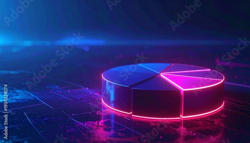 Futuristic 3D pie chart with glowing neon purple-blue lighting, one separated segment, dark digital grid background, symbolizing highlighted modern analytics visualization.