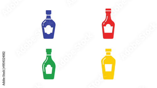 Four colorful bottles with distinctive shapes and caps displayed in a grid