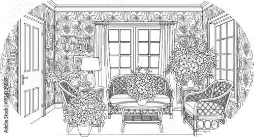 Vintage living room interior with rattan furniture and lush tropical plants