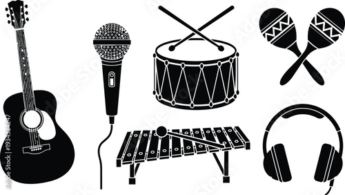 Flat black music instrument icons acoustic guitar microphone snare drum crossed sticks maracas xylophone mallet headphones isolated on white background vector graphic simple silhouette collection
