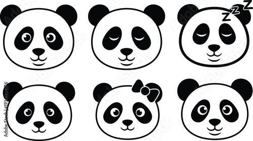 Flat cartoon panda face icons six close up expressions including smiling sleeping winking bow accessory arranged in grid on white vector background simple black and white