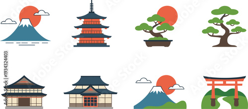 Flat design Japanese landmark icons set, Mount Fuji pagoda bonsai temple torii gate vector illustration isolated background