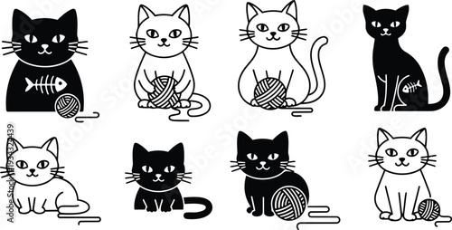 Flat black and white cat icon set eight variations sitting playing with yarn ball and fishbone motif simple line art close up front view minimalist outline