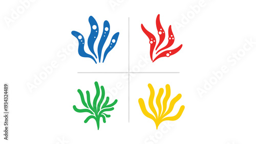 Four colorfully illustrated sea anemones or coral-like designs on a white background