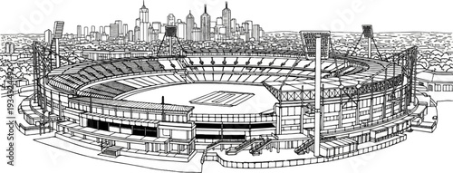 A detailed sketch of a large stadium and city skyline