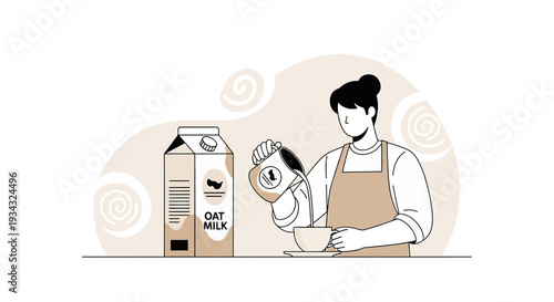Person Pouring Oat Milk into Coffee Cup, Carton of Oat Milk, Minimalist Style
