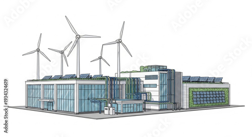 Modern Industrial Building with Wind Turbines and Solar Panels.