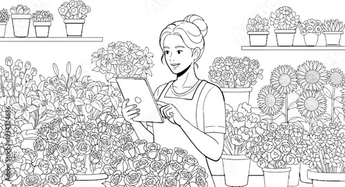 A florist in an apron smiles while using a tablet amidst a vibrant variety of potted flowers