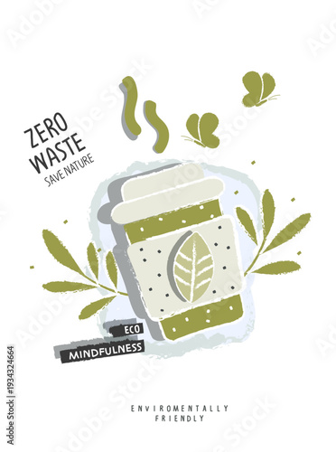 Vector hand drawn cartoon sketch of paper cup with green leaves. Zero waste and Sustainable lifestyle. Think Green. Plastic free Ecological poster.