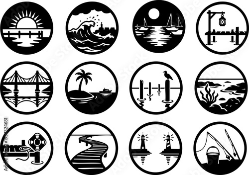 Set of 12 Black and White Ocean and Coastal Scene Icons Vector